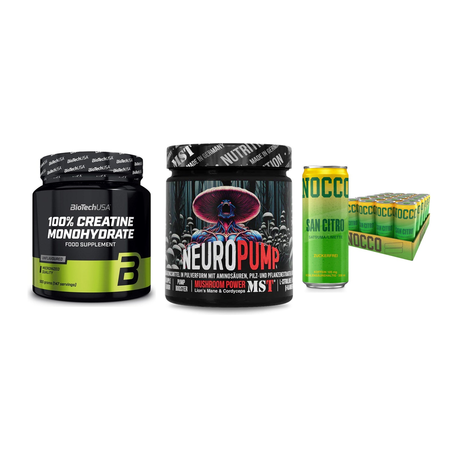 Kraft-Stack: BioTech Creatine + MST NeuroPump + Nocco BCAA Drink – alle enthaltenen Artikel