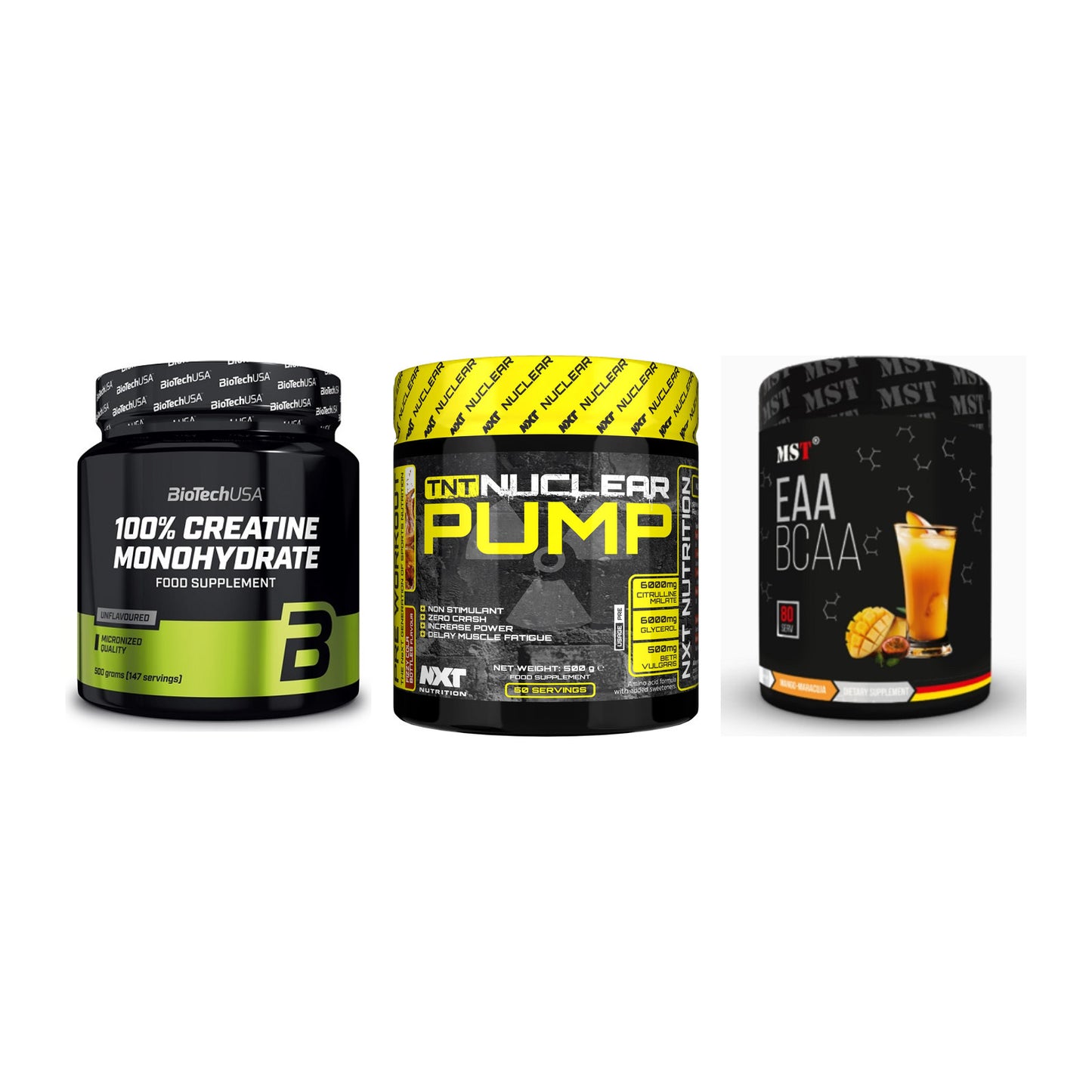Kraft-Stack: BioTech Creatine + NXT Nutrition TNT + MST EAA & BCAA – alle enthaltenen Artikel