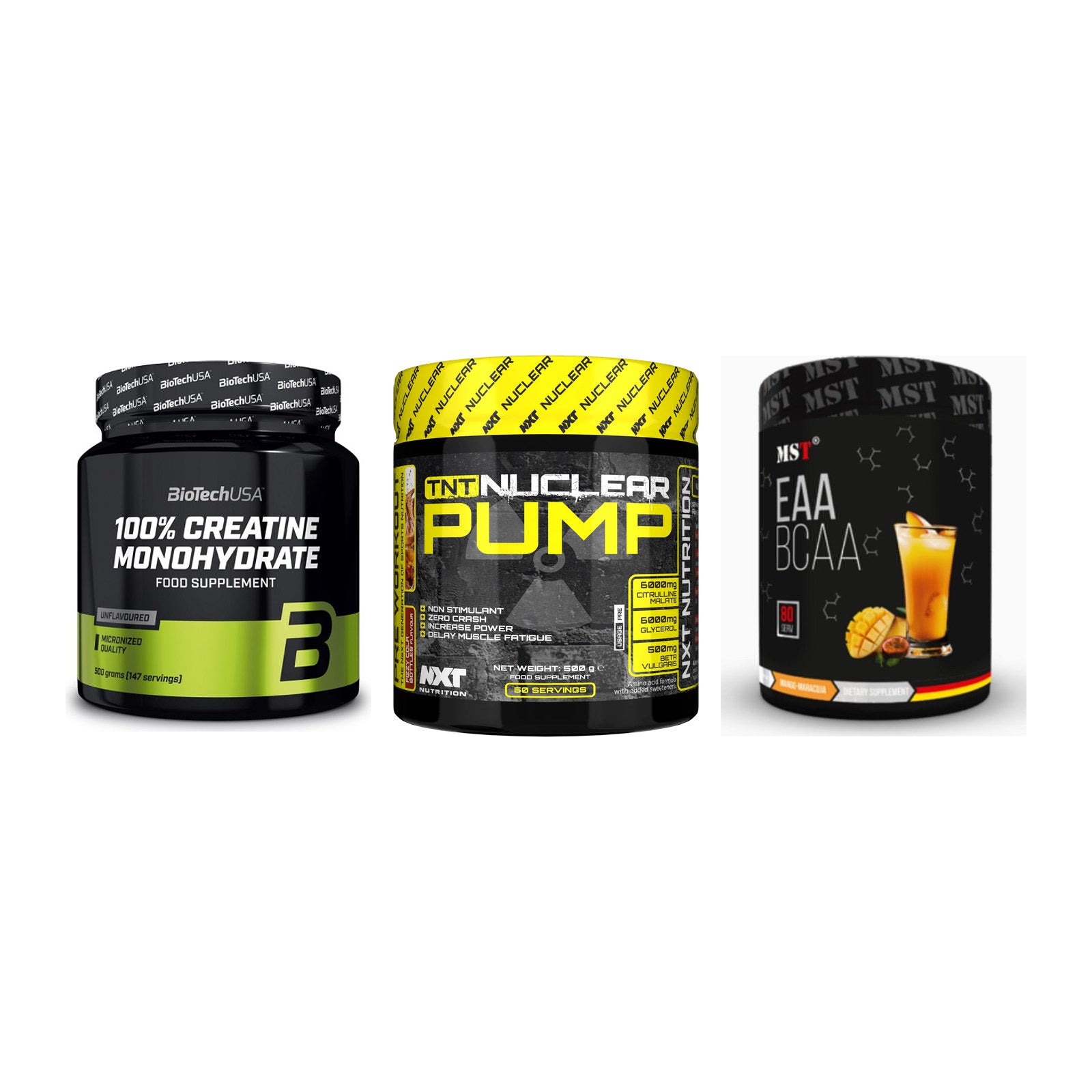 Kraft-Stack: BioTech Creatine + NXT Nutrition TNT + MST EAA & BCAA – alle enthaltenen Artikel