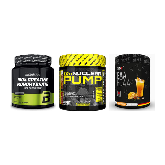Kraft-Stack: BioTech Creatine + NXT Nutrition TNT + MST EAA & BCAA – alle enthaltenen Artikel