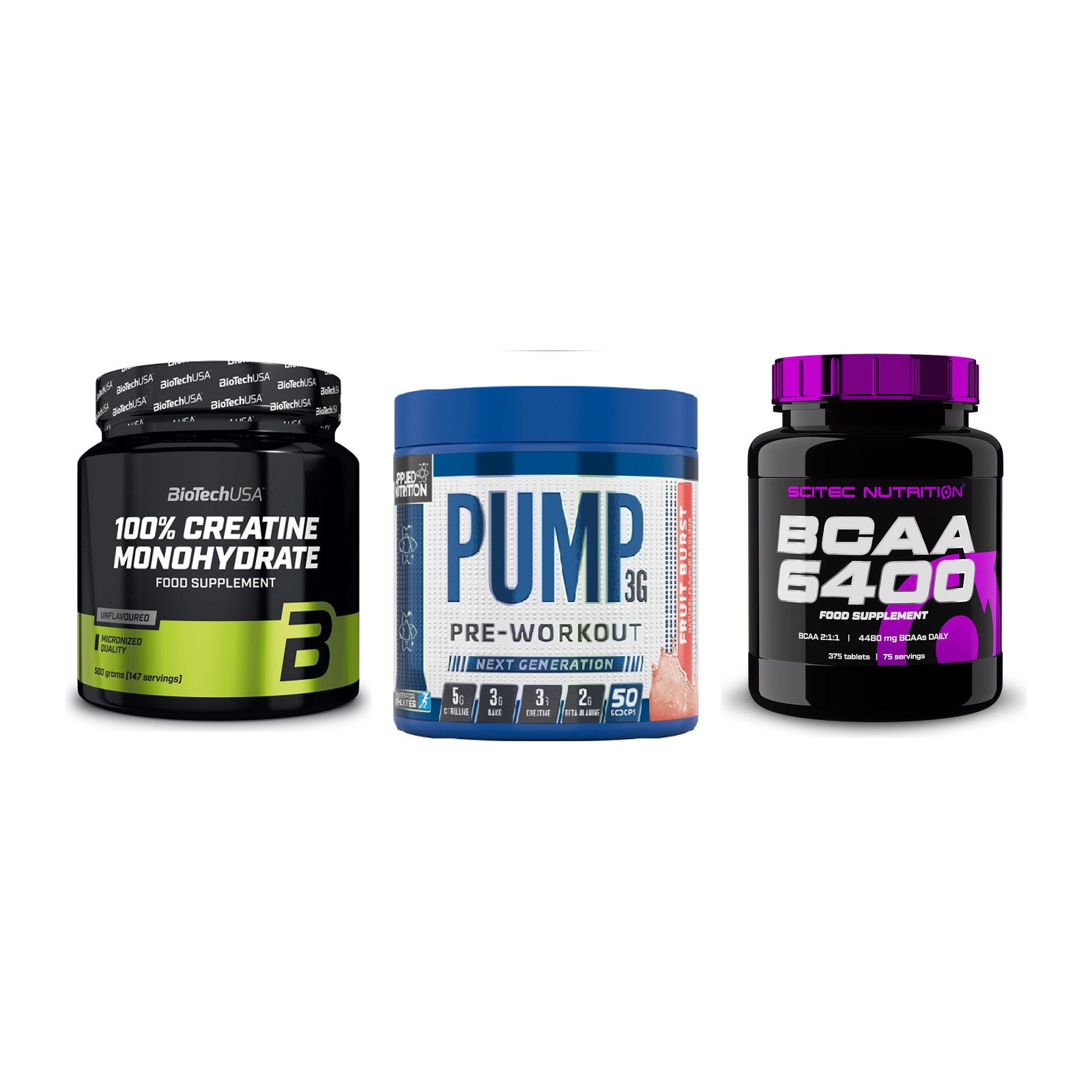 Kraft-Stack: BioTech Creatine + Applied Nutrition + Scitec BCAA 6400 – alle enthaltenen Artikel