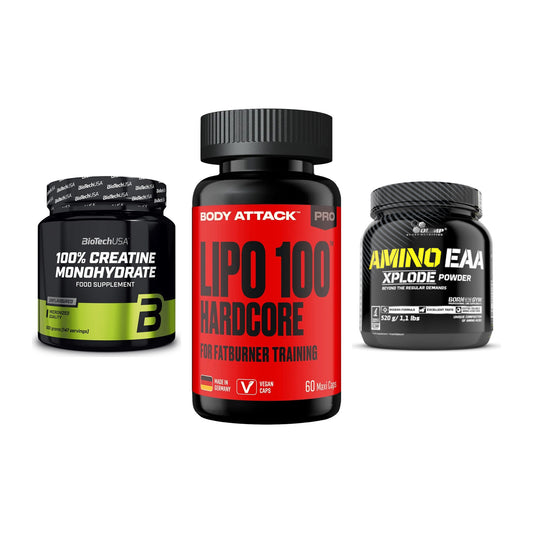 Kraft-Stack: BioTech Creatine + Body Attack LIPO + Olimp Amino EAA – alle enthaltenen Artikel