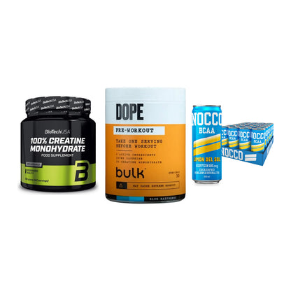 Kraft-Stack: BioTech Creatine + Bulk Dope + Nocco BCAA Drink – alle enthaltenen Artikel