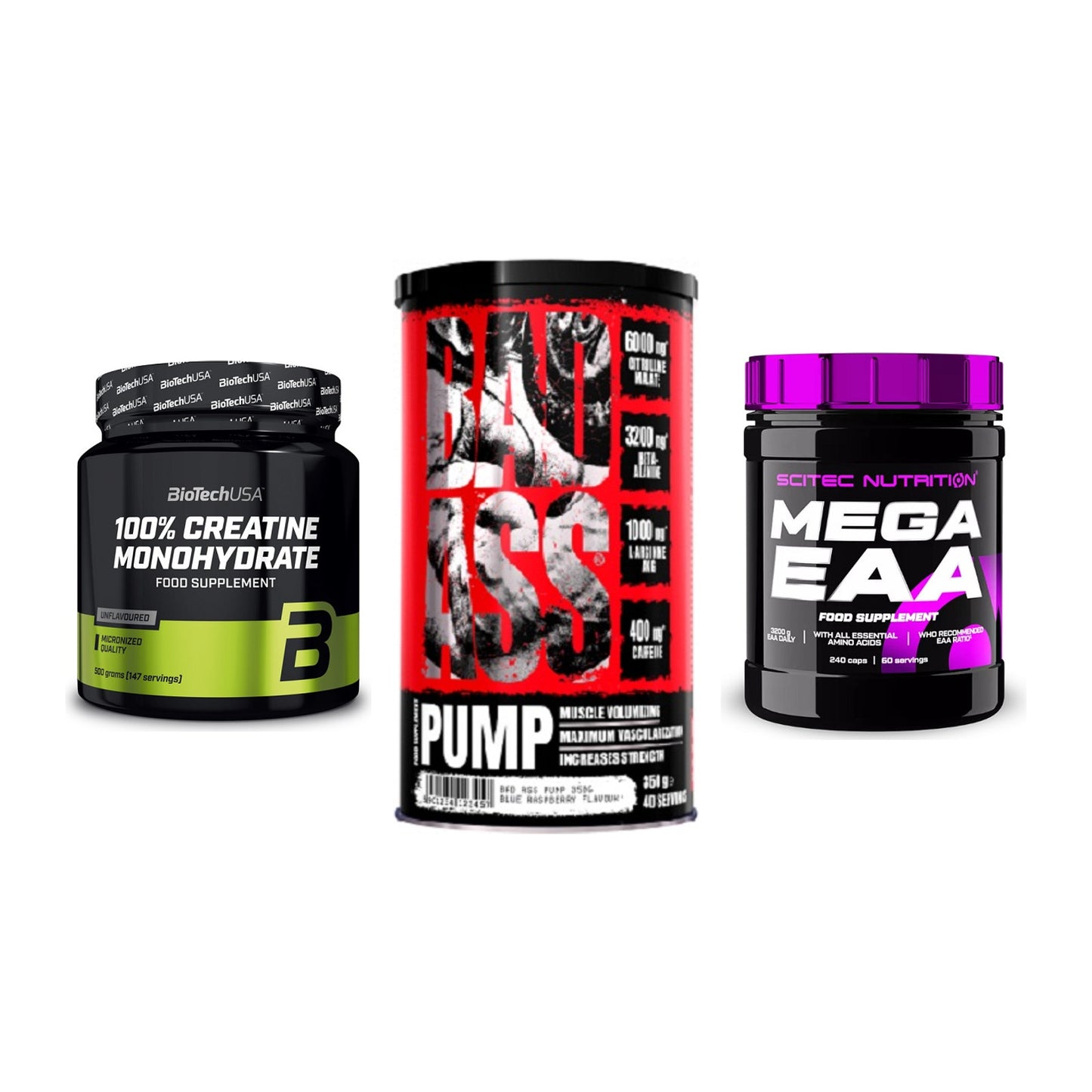 Kraft-Stack: BioTech Creatine + BAD ASS Pump + Scitec Mega EAA – alle enthaltenen Artikel