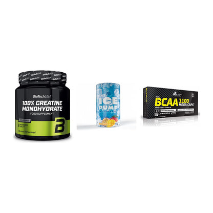 Kraft-Stack: BioTech Creatine + FA Nutrition ICE + Olimp BCAA Mega – alle enthaltenen Artikel