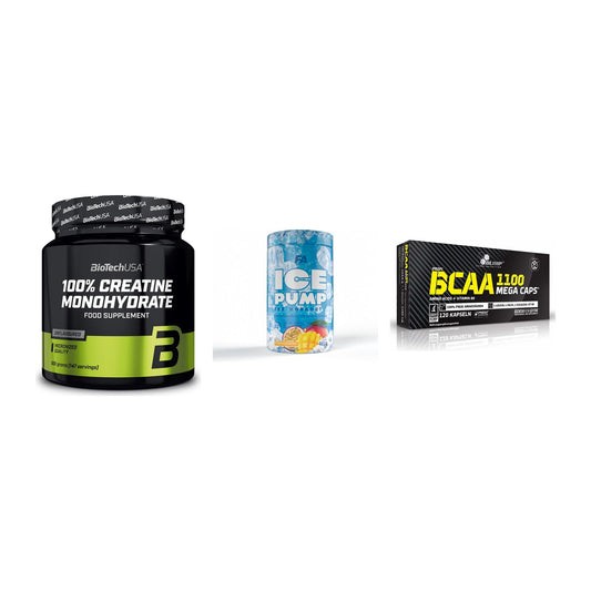 Kraft-Stack: BioTech Creatine + FA Nutrition ICE + Olimp BCAA Mega – alle enthaltenen Artikel