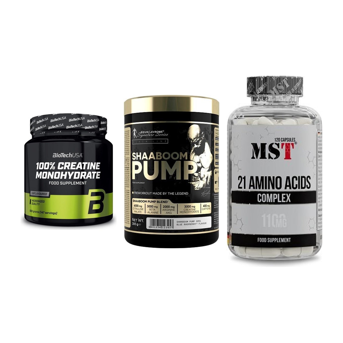 Kraft-Stack: BioTech Creatine + Kevin Levrone + MST 21 Amino – alle enthaltenen Artikel