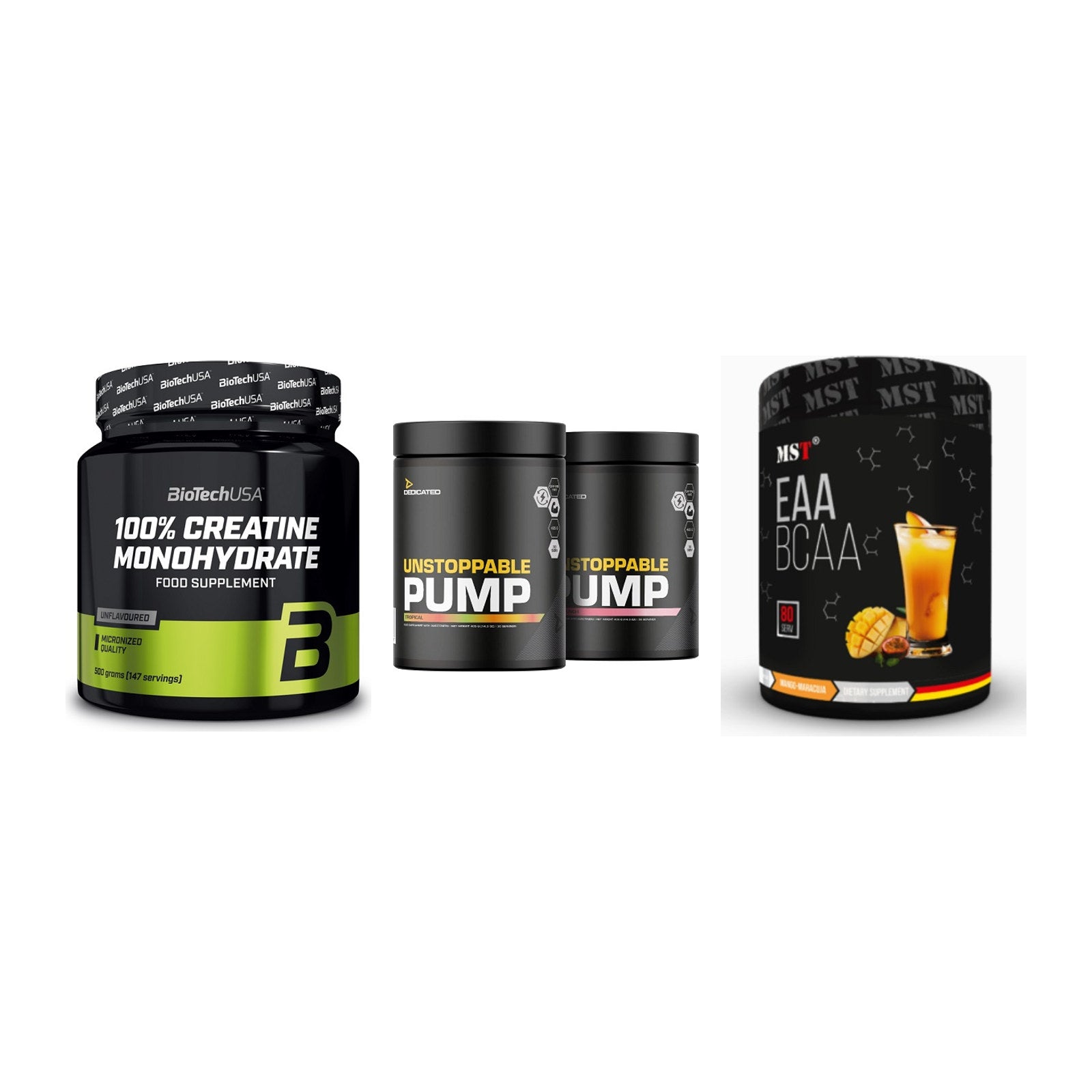 Kraft-Stack: BioTech Creatine + Dedicated + MST EAA & BCAA – alle enthaltenen Artikel
