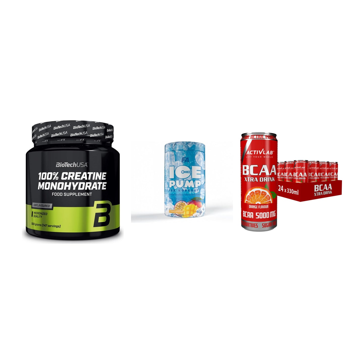 Kraft-Stack: BioTech Creatine + FA Nutrition ICE + Activlab BCAA – alle enthaltenen Artikel