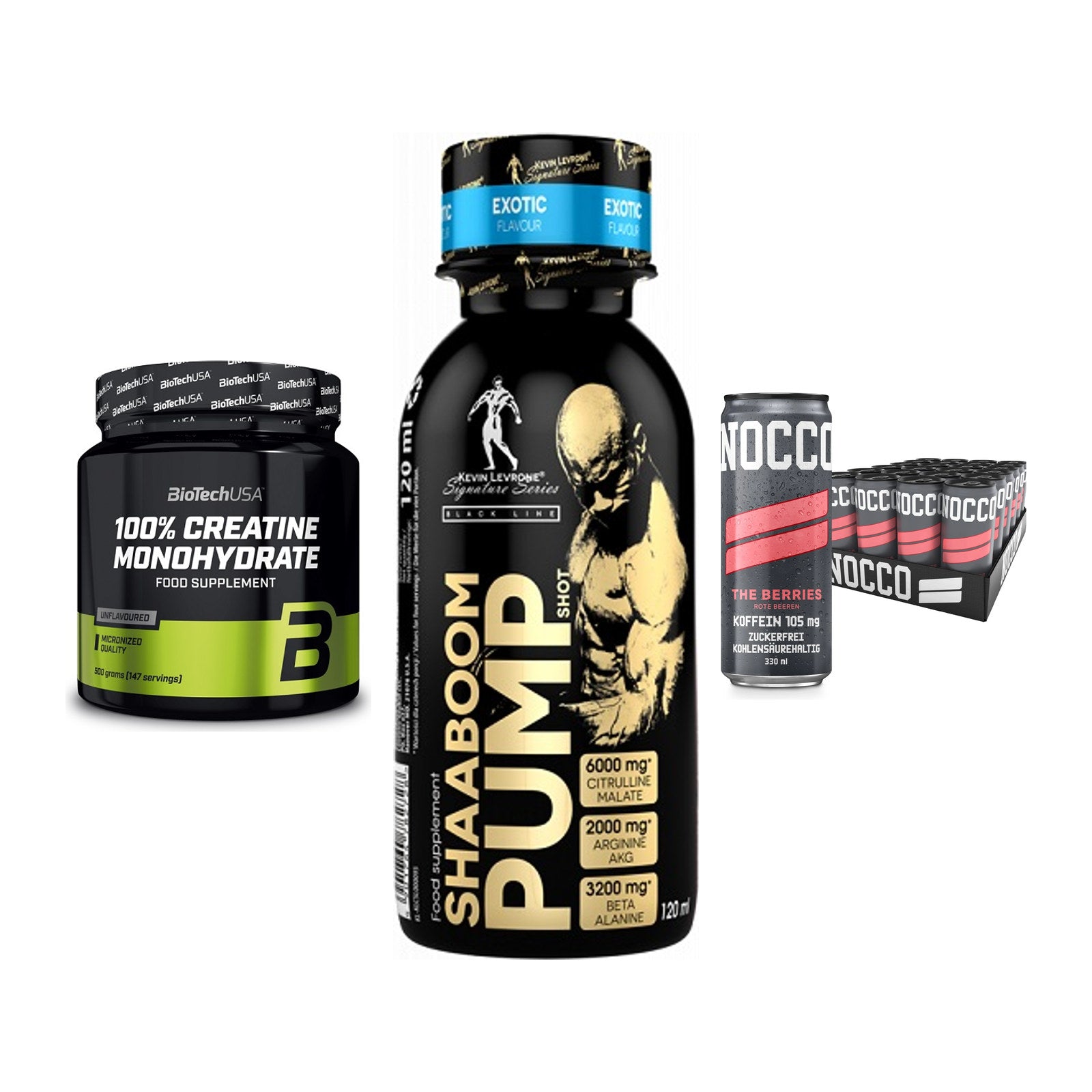 Kraft-Stack: BioTech Creatine + Kevin Levrone + Nocco BCAA Drink – alle enthaltenen Artikel