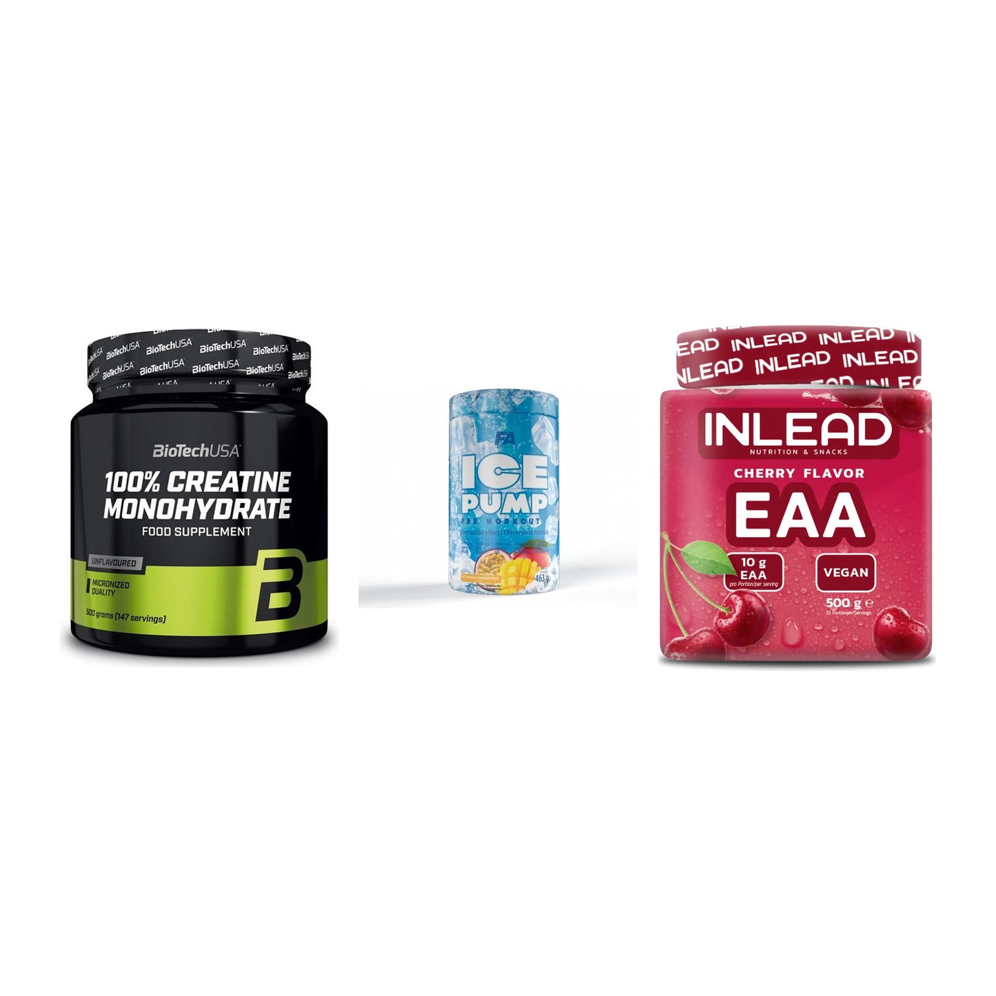 Kraft-Stack: BioTech Creatine + FA Nutrition ICE + INLEAD EAA 500g – alle enthaltenen Artikel