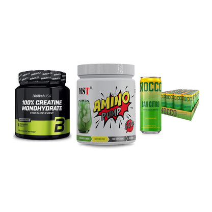 Kraft-Stack: BioTech Creatine + MST Amino Pump + Nocco BCAA Drink – alle enthaltenen Artikel