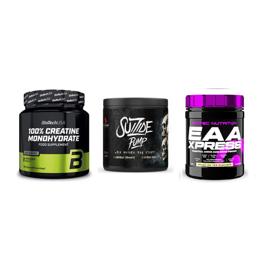Kraft-Stack: BioTech Creatine + #GYMJUICE SUIZIDE + Scitec EAA Xpress – alle enthaltenen Artikel