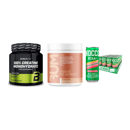Kraft-Stack: BioTech Creatine + RAW Nutrition + Nocco BCAA Drink – alle enthaltenen Artikel