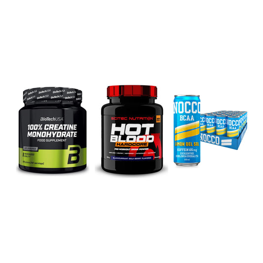 Kraft-Stack: BioTech Creatine + Scitec Hot Blood + Nocco BCAA Drink – alle enthaltenen Artikel