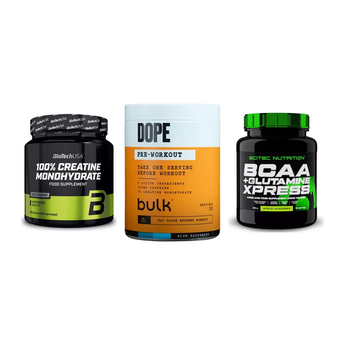 Kraft-Stack: BioTech Creatine + Bulk Dope + Scitec BCAA – alle enthaltenen Artikel