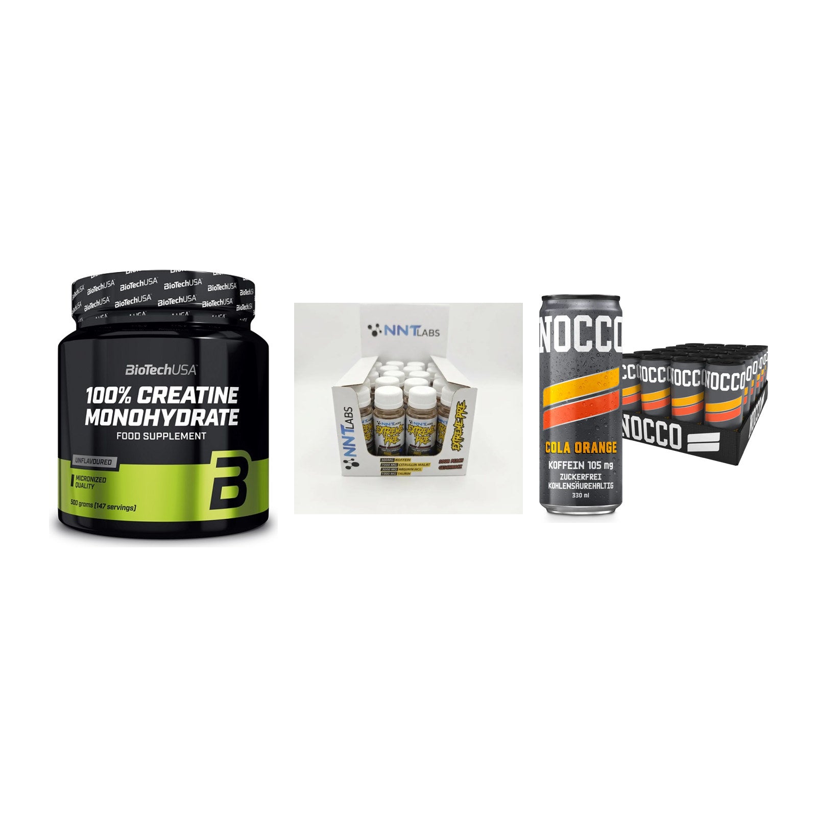 Kraft-Stack: BioTech Creatine + NNT Extreme + Nocco BCAA Drink – alle enthaltenen Artikel