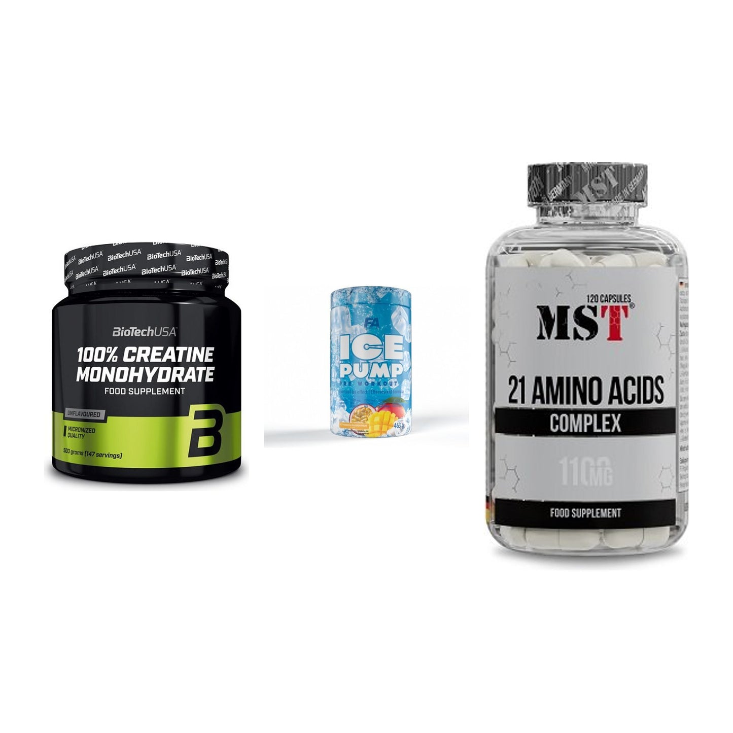 Kraft-Stack: BioTech Creatine + FA Nutrition ICE + MST 21 Amino – alle enthaltenen Artikel