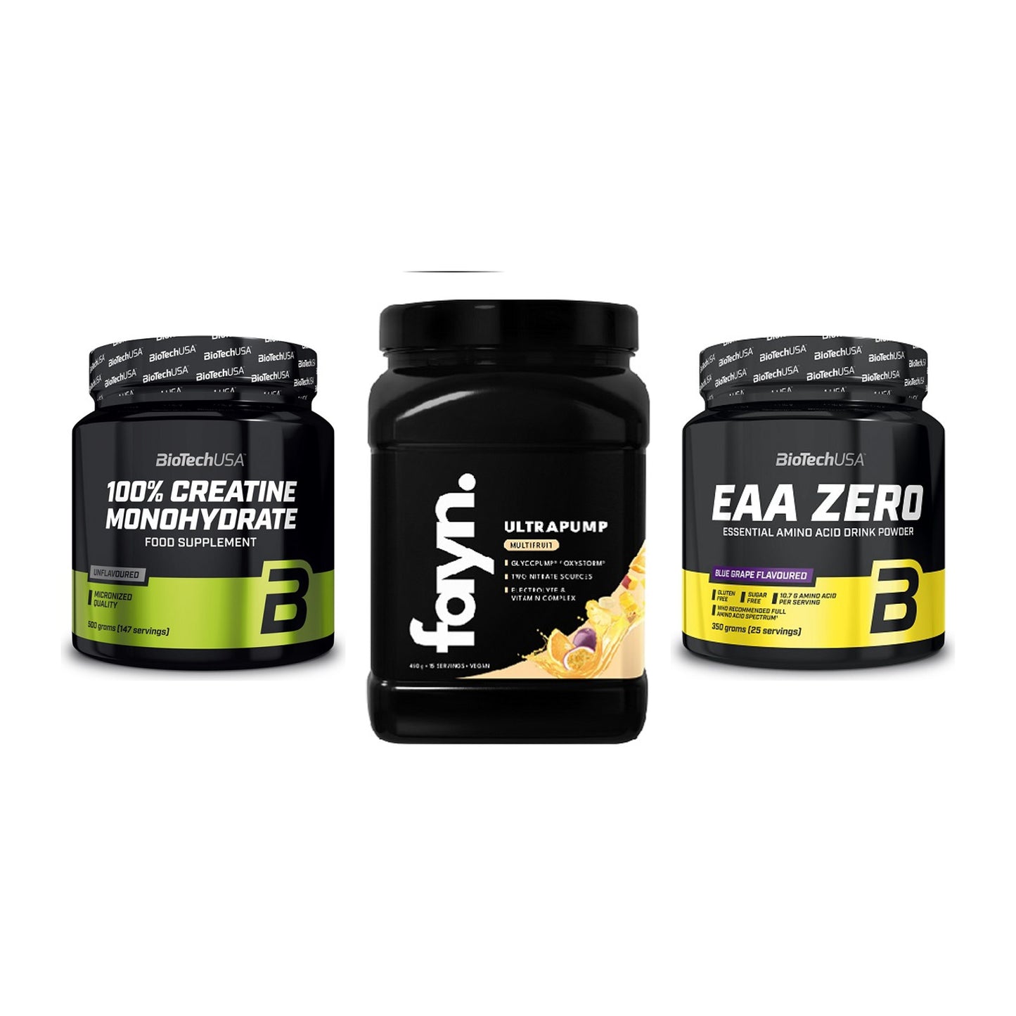 Kraft-Stack: BioTech Creatine + Fayn. Ultrapump + BioTech EAA Zero – alle enthaltenen Artikel