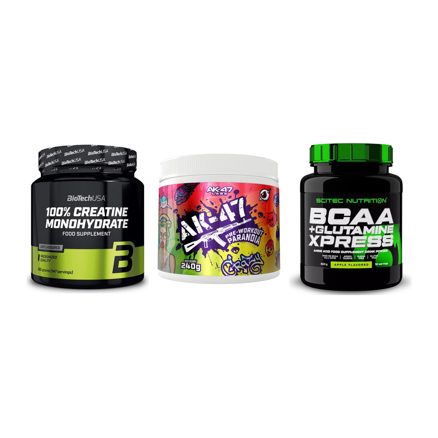 Kraft-Stack: BioTech Creatine + AK47 Labs + Scitec BCAA – alle enthaltenen Artikel