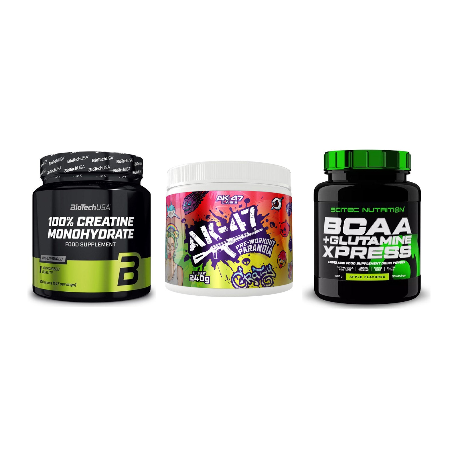 Kraft-Stack: BioTech Creatine + AK47 Labs + Scitec BCAA – alle enthaltenen Artikel