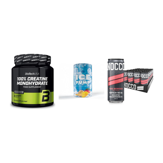Kraft-Stack: BioTech Creatine + FA Nutrition ICE + Nocco BCAA Drink – alle enthaltenen Artikel
