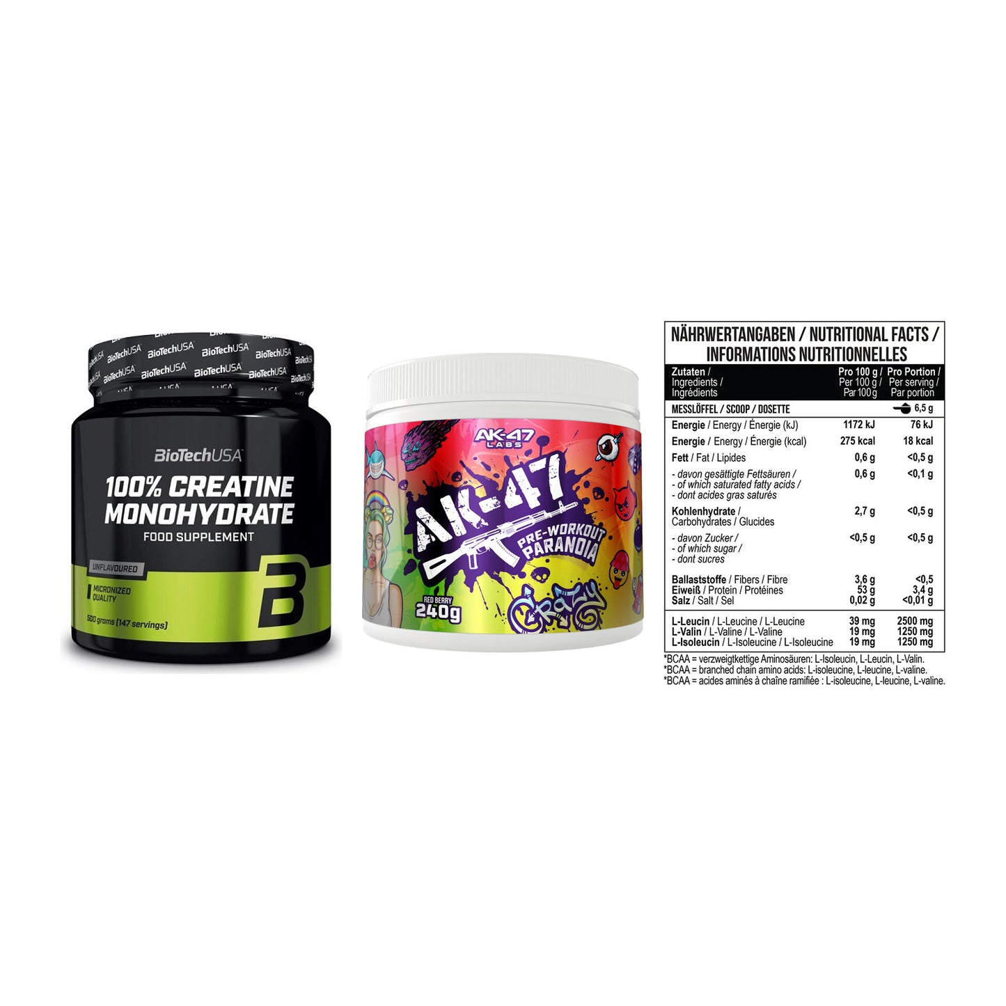 Kraft-Stack: BioTech Creatine + AK47 Labs + MST BCAA Zero – alle enthaltenen Artikel