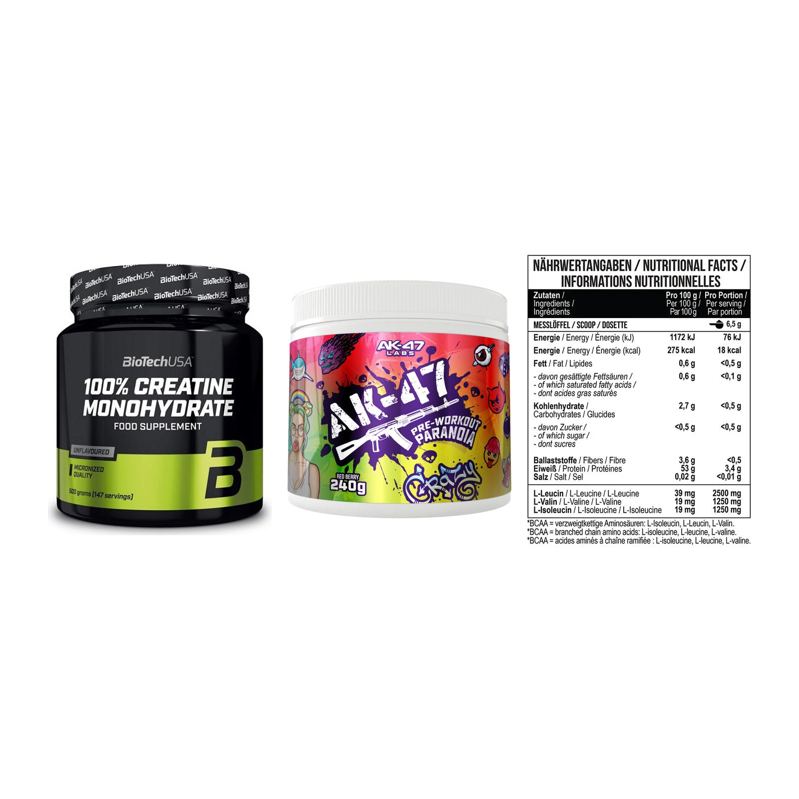 Kraft-Stack: BioTech Creatine + AK47 Labs + MST BCAA Zero – alle enthaltenen Artikel