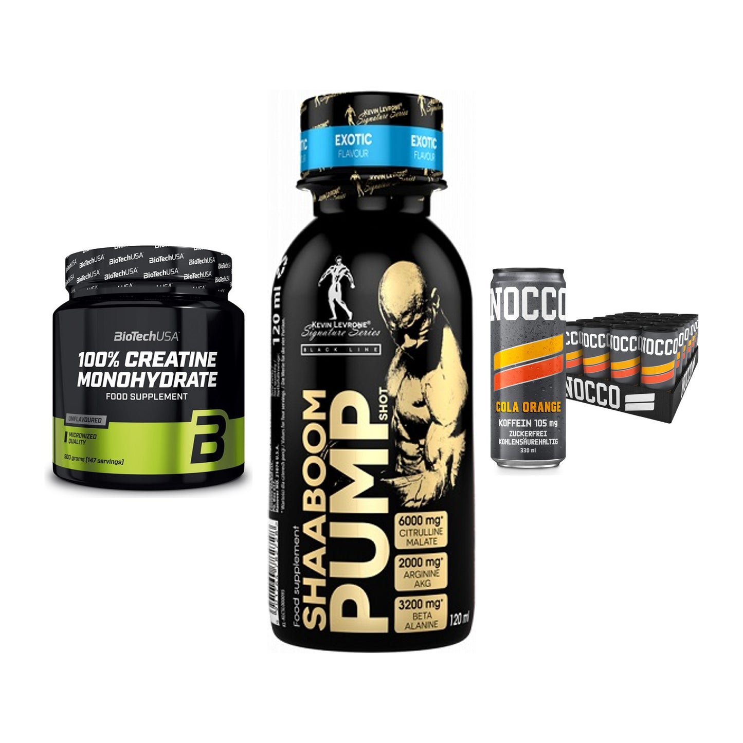 Kraft-Stack: BioTech Creatine + Kevin Levrone + Nocco BCAA Drink – alle enthaltenen Artikel