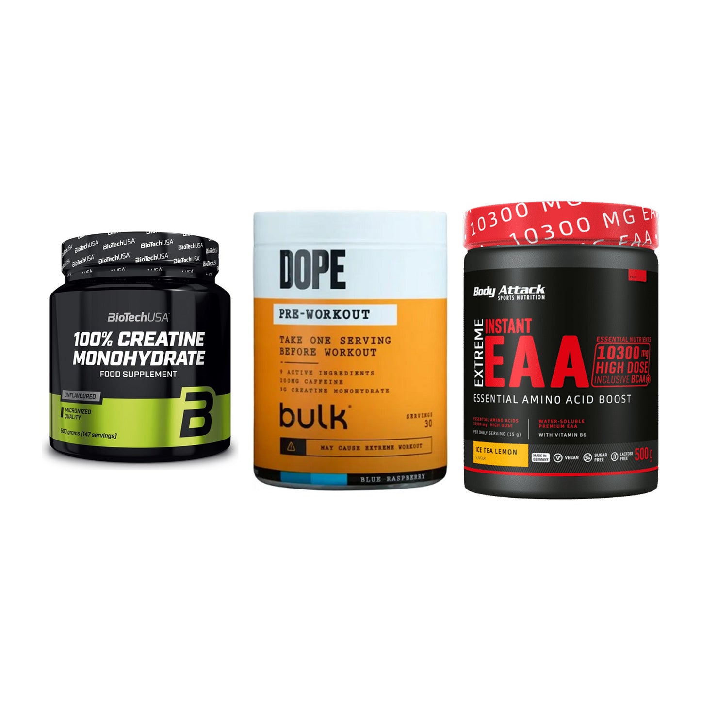 Kraft-Stack: BioTech Creatine + Bulk Dope + Body Attack – alle enthaltenen Artikel
