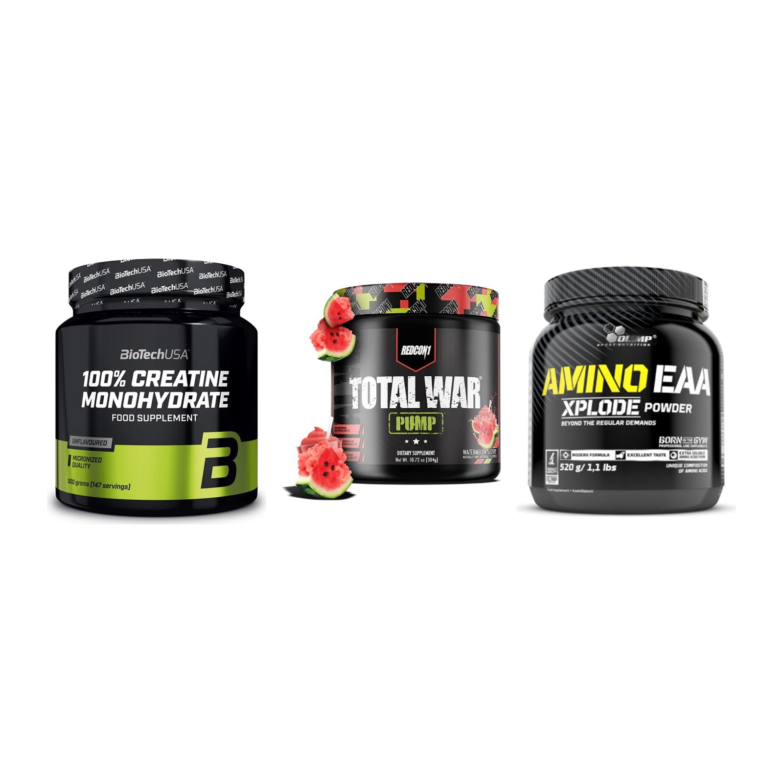 Kraft-Stack: BioTech Creatine + Redcon1 Total War + Olimp Amino EAA – alle enthaltenen Artikel
