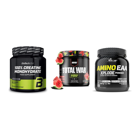 Kraft-Stack: BioTech Creatine + Redcon1 Total War + Olimp Amino EAA – alle enthaltenen Artikel