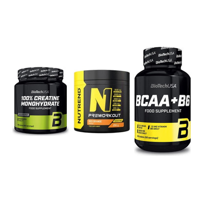Kraft-Stack: BioTech Creatine + Nutrend N1 + BioTech BCAA+B6 – alle enthaltenen Artikel