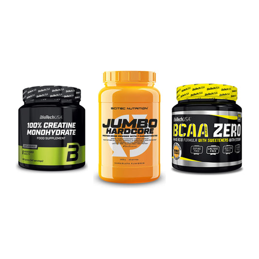Kraft-Stack: BioTech Creatine + Scitec Jumbo + BioTech BCAA Zero – alle enthaltenen Artikel