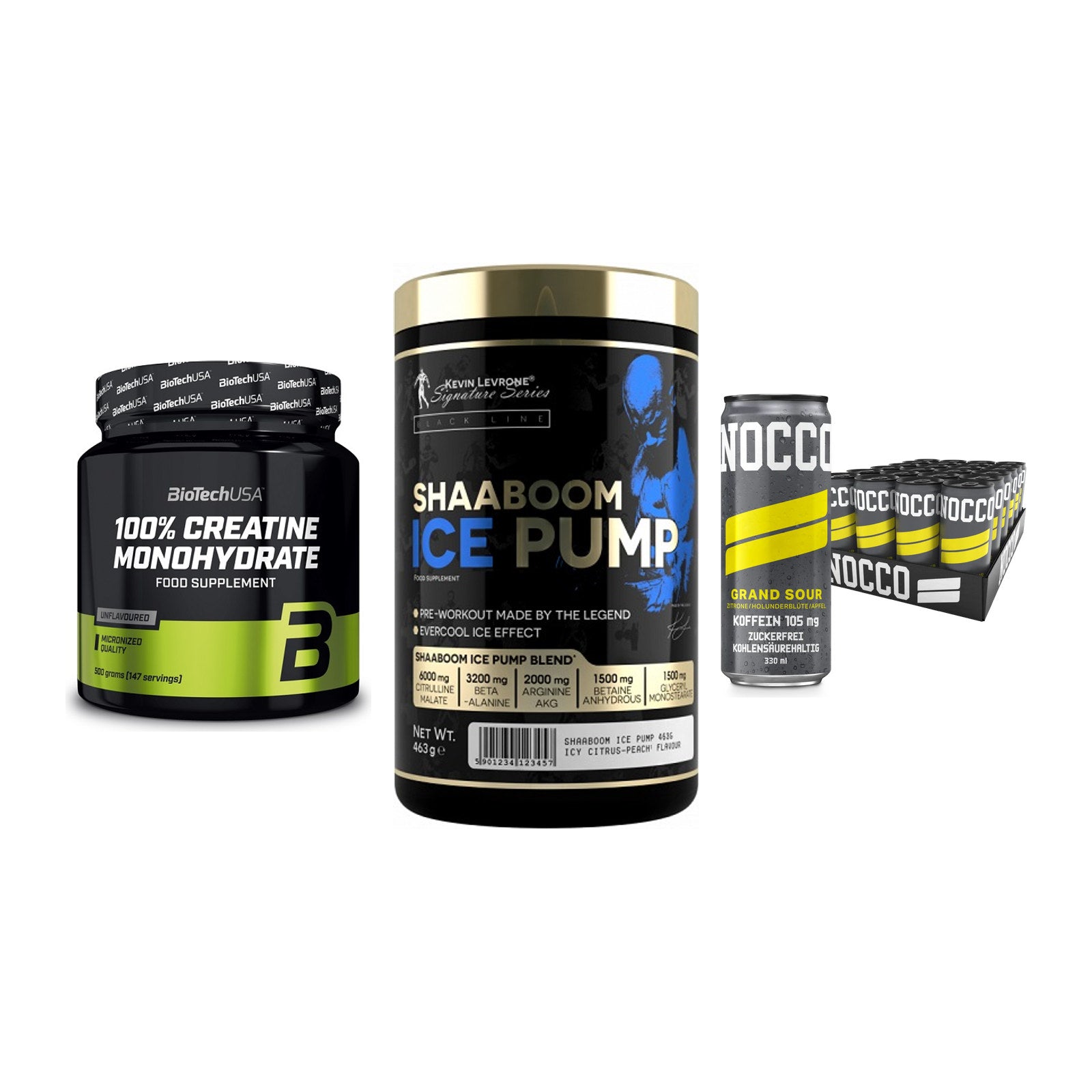 Kraft-Stack: BioTech Creatine + Kevin Levrone + Nocco BCAA Drink – alle enthaltenen Artikel