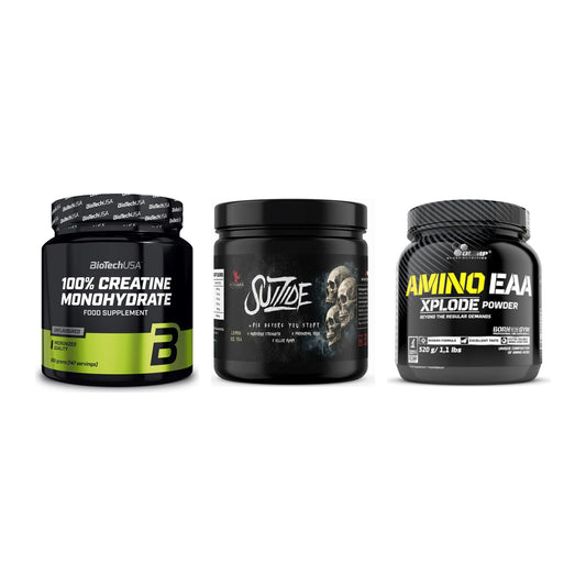 Kraft-Stack: BioTech Creatine + #GYMJUICE SUIZIDE + Olimp Amino EAA – alle enthaltenen Artikel