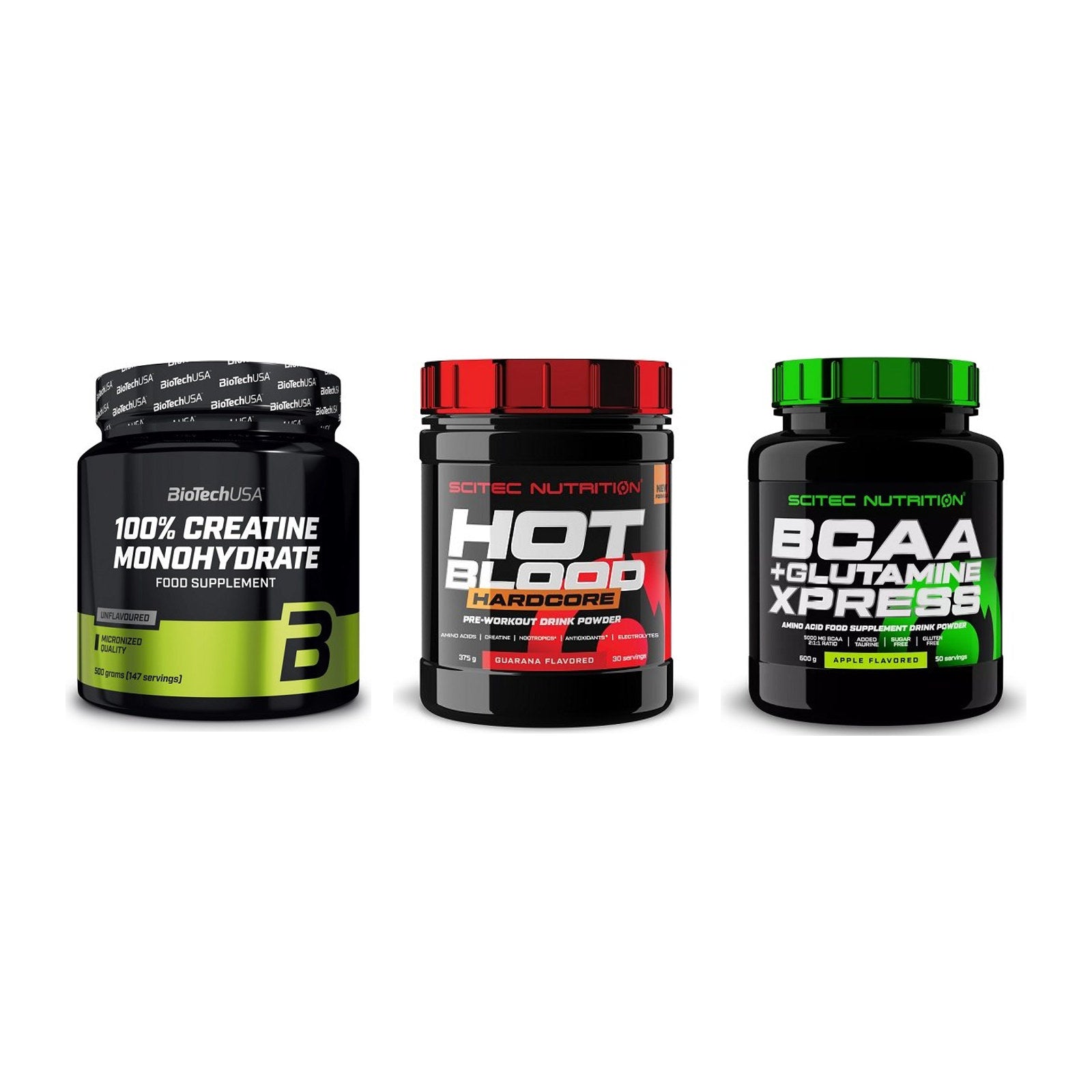 Kraft-Stack: BioTech Creatine + Scitec Hot Blood + Scitec BCAA – alle enthaltenen Artikel