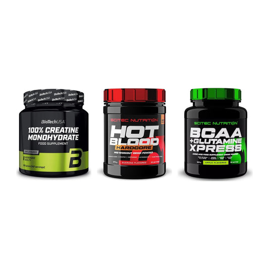 Kraft-Stack: BioTech Creatine + Scitec Hot Blood + Scitec BCAA – alle enthaltenen Artikel