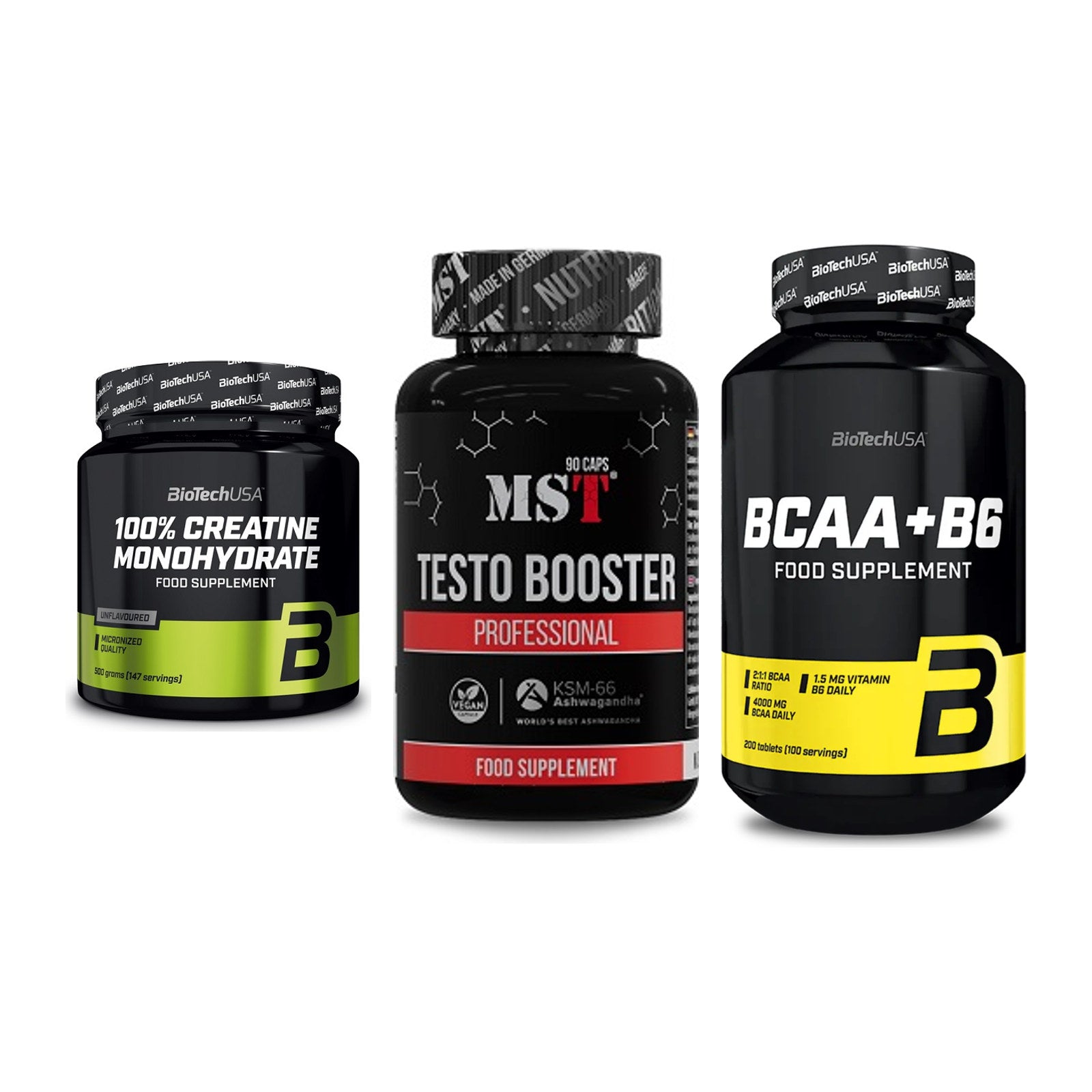 Kraft-Stack: BioTech Creatine + MST Testo Booster + BioTech BCAA+B6 – alle enthaltenen Artikel
