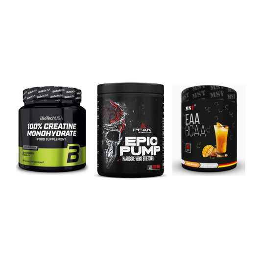 Kraft-Stack: BioTech Creatine + Peak EPIC Pump + MST EAA & BCAA – alle enthaltenen Artikel