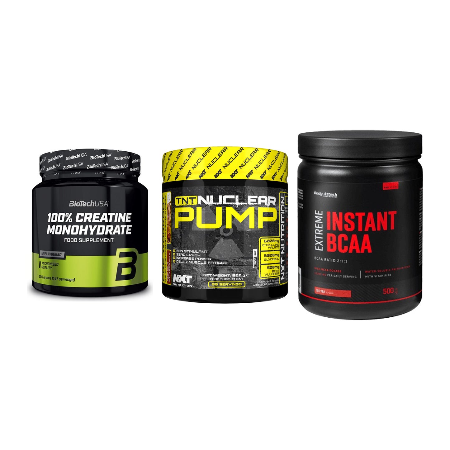 Kraft-Stack: BioTech Creatine + NXT Nutrition TNT + Body Attack – alle enthaltenen Artikel