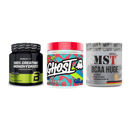 Kraft-Stack: BioTech Creatine + Ghost Legend V4 + MST BCAA Huge 200 – alle enthaltenen Artikel