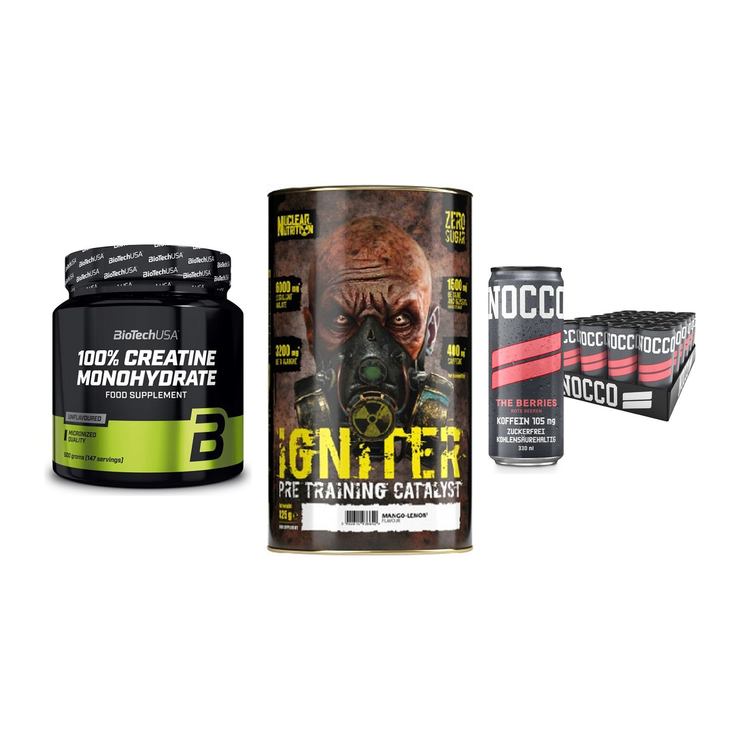 Kraft-Stack: BioTech Creatine + Nuclear Nutrition + Nocco BCAA Drink – alle enthaltenen Artikel