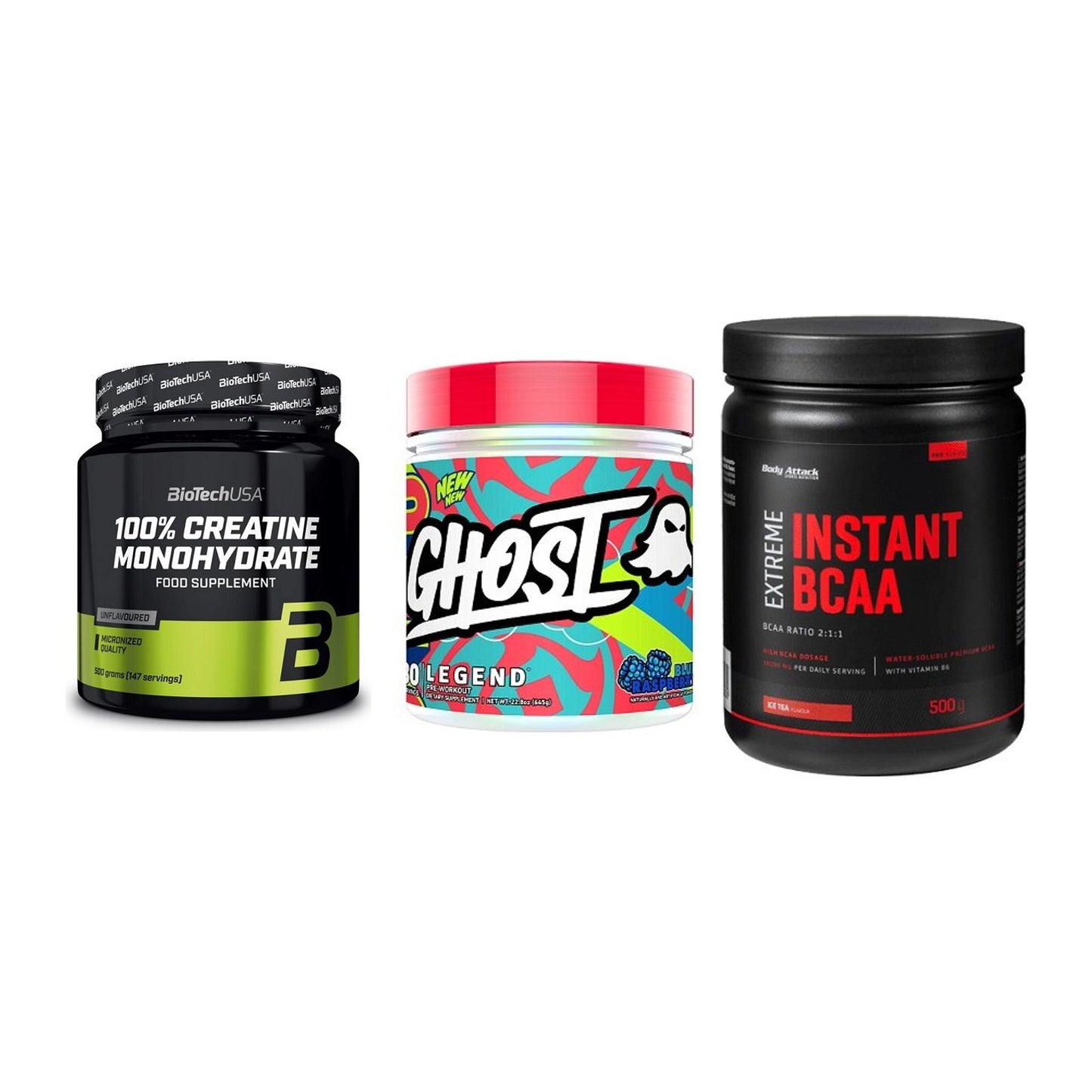 Kraft-Stack: BioTech Creatine + Ghost Legend V4 + Body Attack – alle enthaltenen Artikel