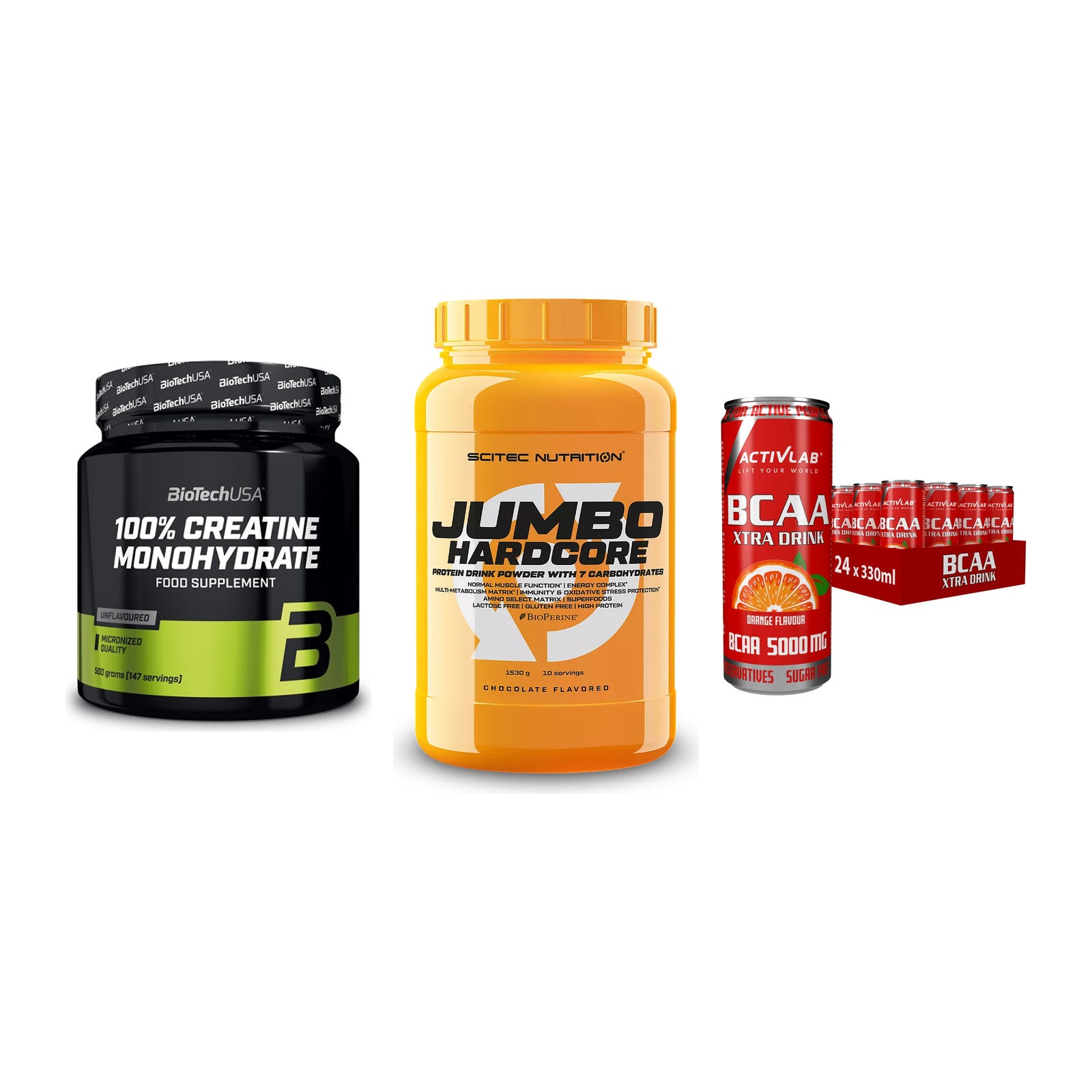 Kraft-Stack: BioTech Creatine + Scitec Jumbo + Activlab BCAA – alle enthaltenen Artikel