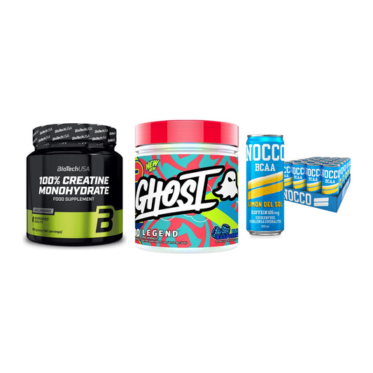 Kraft-Stack: BioTech Creatine + Ghost Legend V4 + Nocco BCAA Drink – alle enthaltenen Artikel