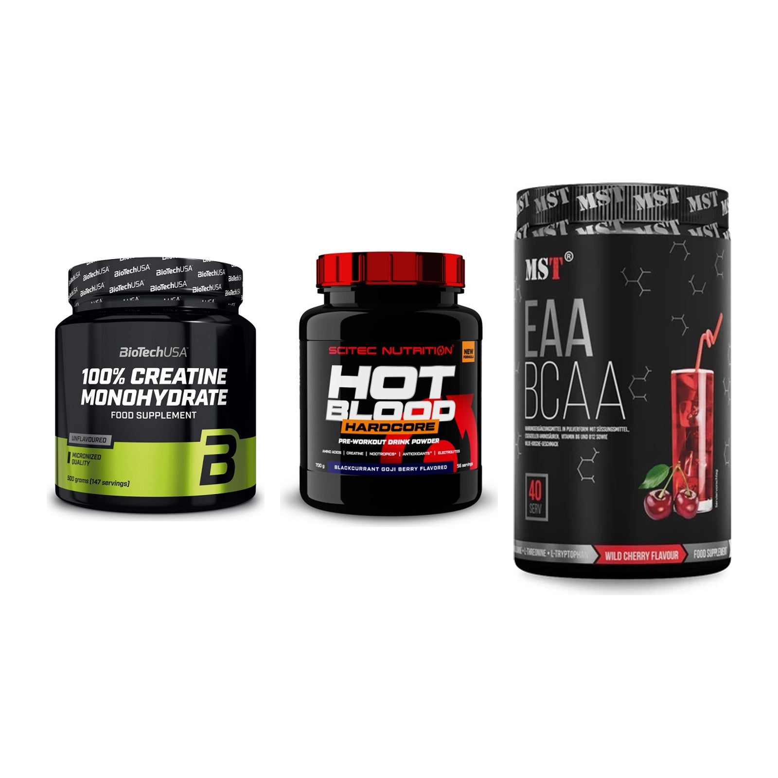 Kraft-Stack: BioTech Creatine + Scitec Hot Blood + MST EAA & BCAA – alle enthaltenen Artikel