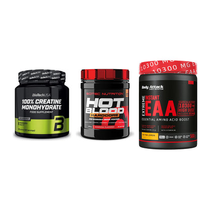Kraft-Stack: BioTech Creatine + Scitec Hot Blood + Body Attack – alle enthaltenen Artikel