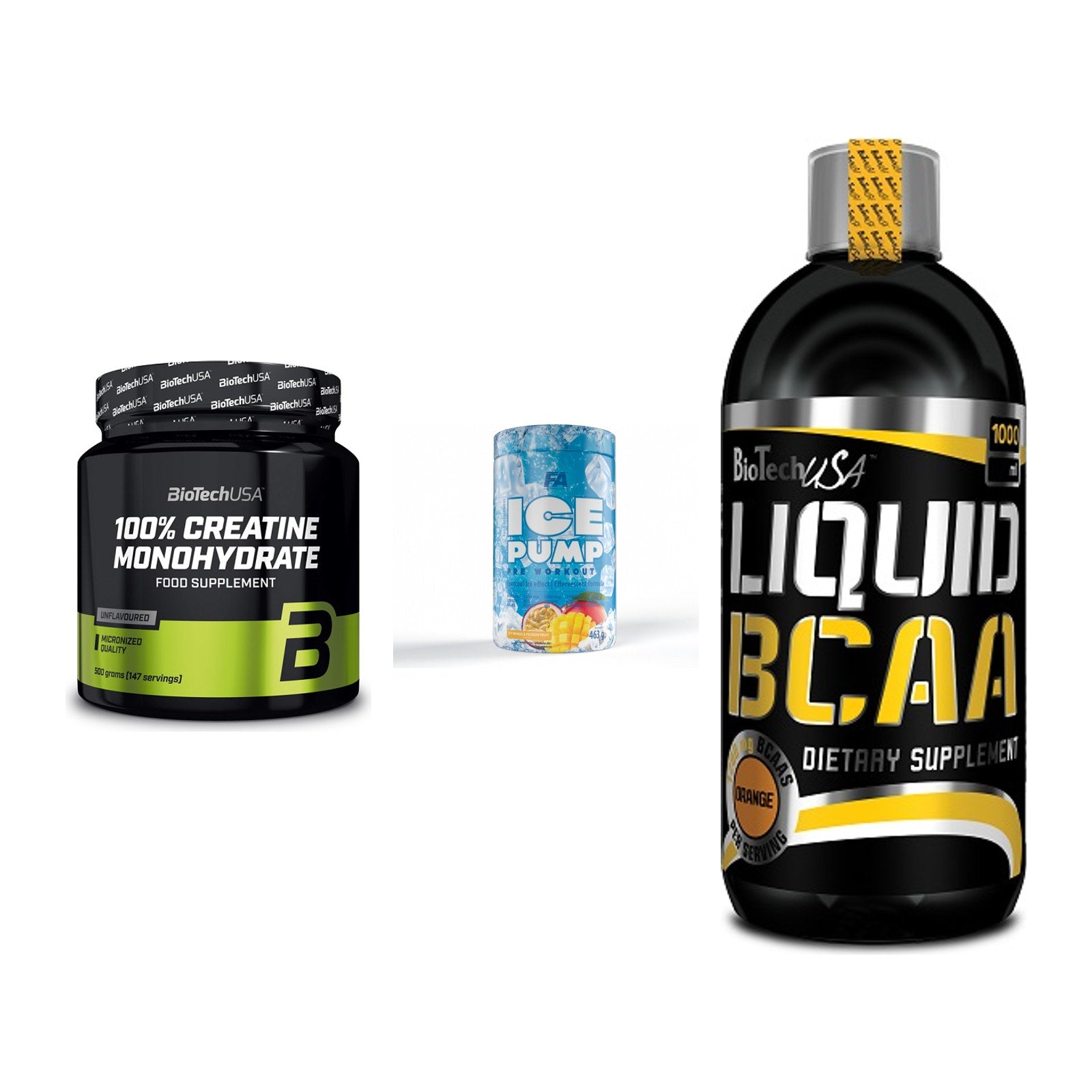 Kraft-Stack: BioTech Creatine + FA Nutrition ICE + BioTech Liquid – alle enthaltenen Artikel