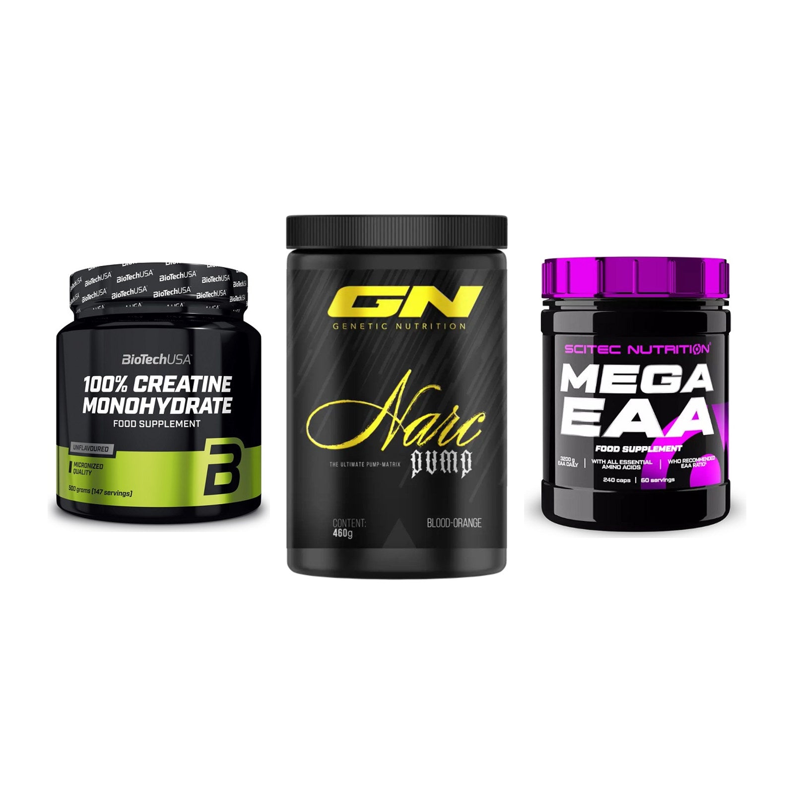 Kraft-Stack: BioTech Creatine + GN Narc Pump + Scitec Mega EAA – alle enthaltenen Artikel